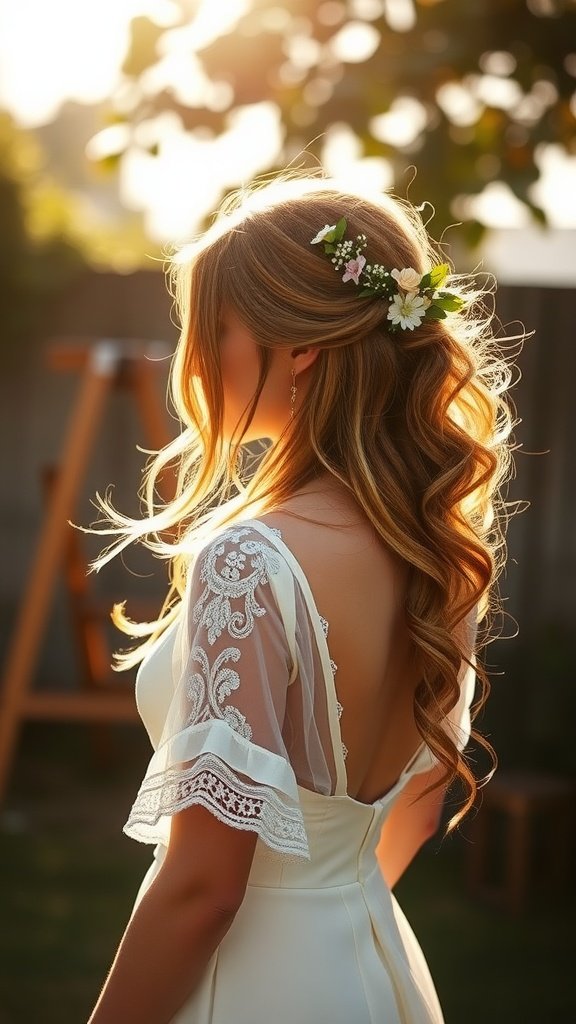 Bride with long wavy hair and floral hairpiece in a sunny outdoor setting