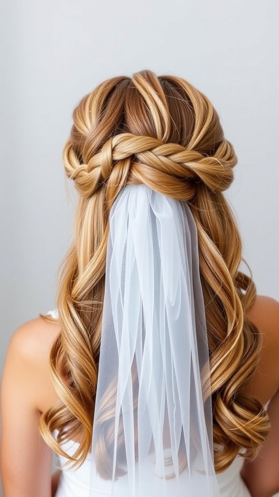 A woman with a half-up, half-down hairstyle featuring a braided crown and a veil.