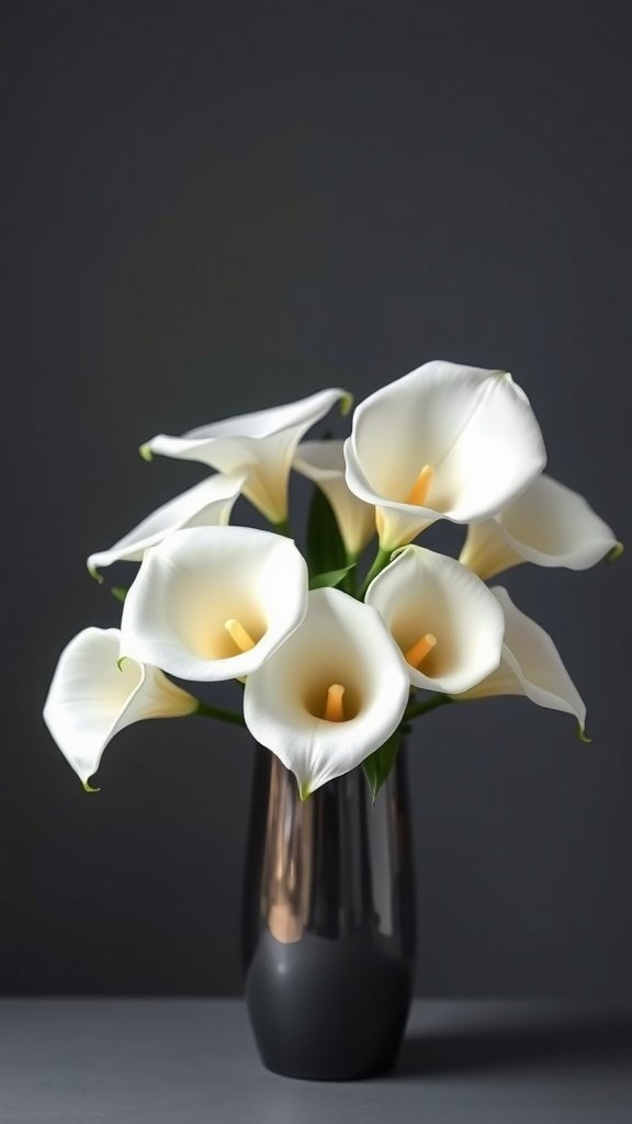 A beautiful arrangement of white calla lilies in a dark vase