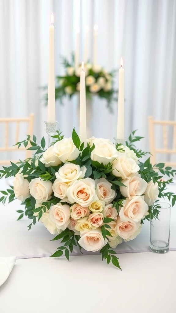 A beautiful centerpiece of pink and white roses with white candles