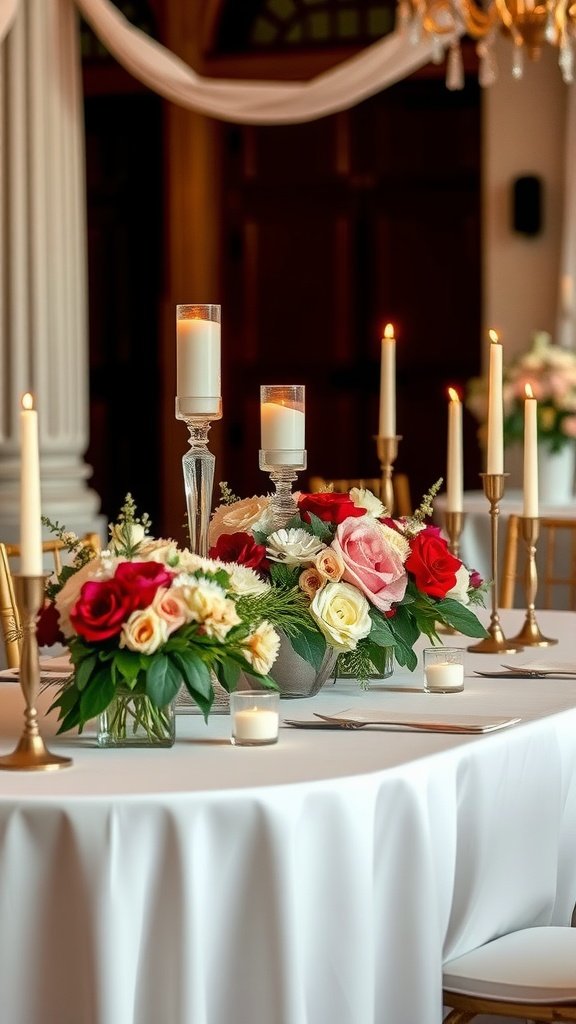 A beautifully arranged bridal table with floral centerpieces and candles.