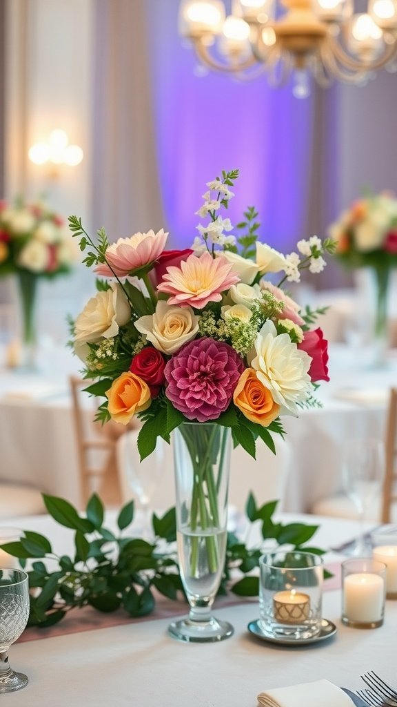 A beautifully arranged floral centerpiece on a wedding table featuring colorful flowers in a tall vase.