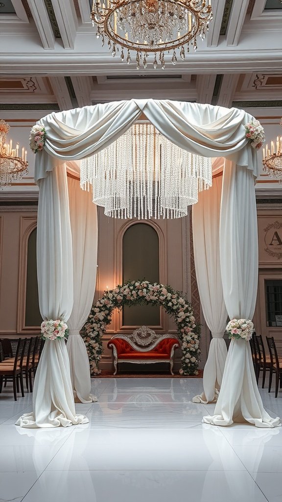 Wedding arch with white drapery and chandelier, featuring floral arrangements and a red sofa