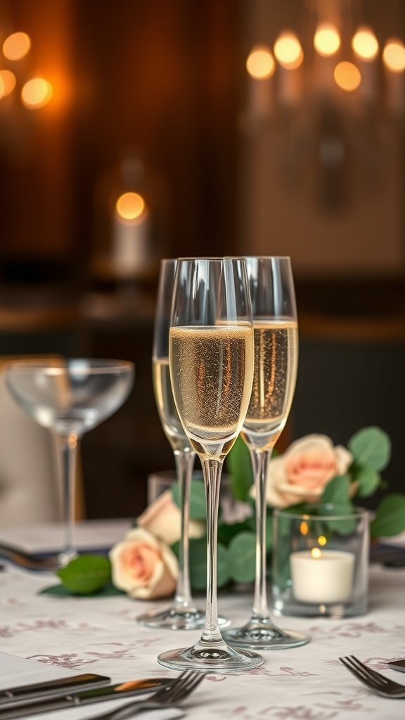 A table setting with elegant champagne flutes filled with bubbly, surrounded by soft rose arrangements and candles.