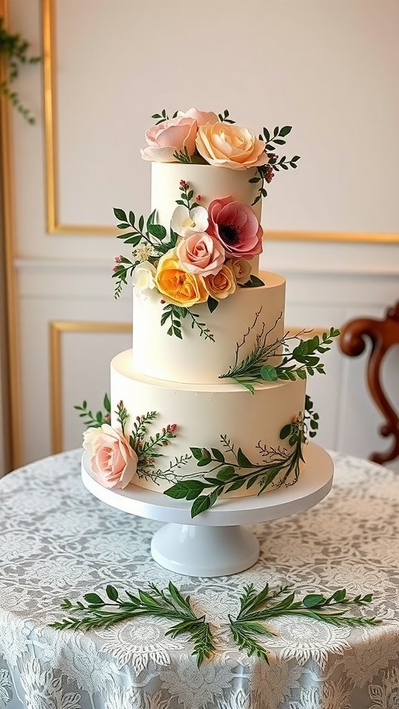 A luxurious wedding cake with floral accents on a lace tablecloth.