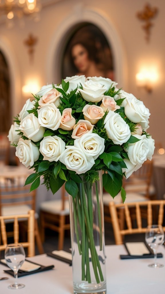A tall glass vase filled with white and soft pink roses, creating an elegant centerpiece for a wedding table.
