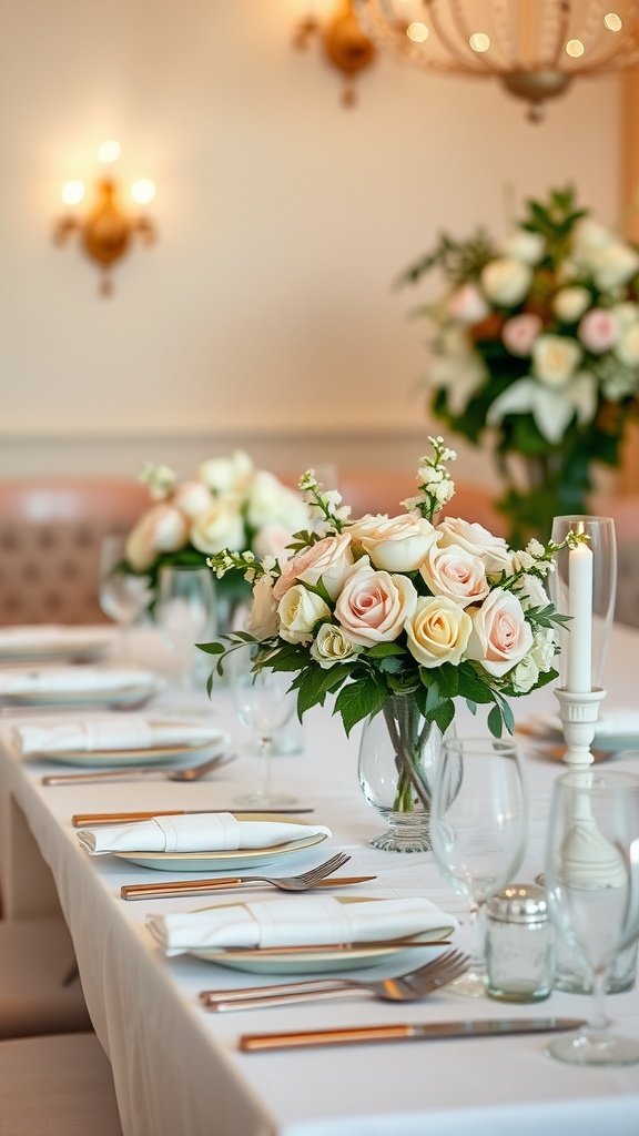 A wedding table setting featuring elegant floral centerpieces with roses and fine dining arrangements.