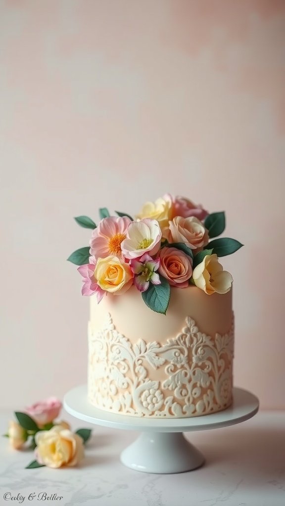 A beautifully designed cake with floral lace and colorful flowers on top.