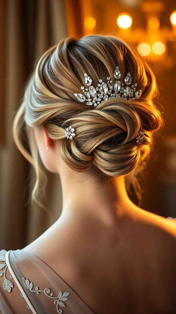 Bridal half-up chignon hairstyle with a crystal hairpiece, featuring soft waves and elegant twists.