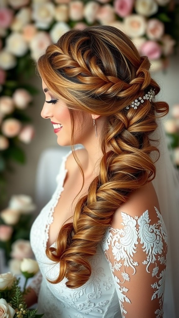 Bride with half-up half-down hairstyle, featuring a braid and curls, set against a floral background.