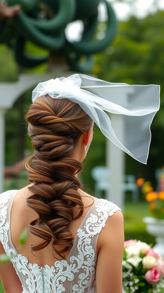 A bride with a high ponytail and veil, showcasing a beautiful gown with intricate back details.