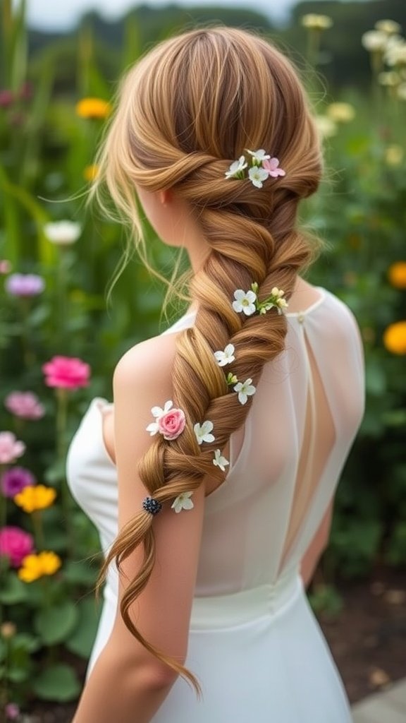 A beautiful side braid decorated with flowers, worn by a bridesmaid in a white dress.