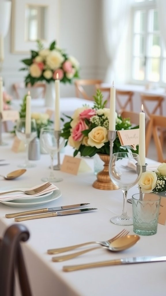 A beautifully arranged wedding table setting with flowers, candles, and elegant tableware.