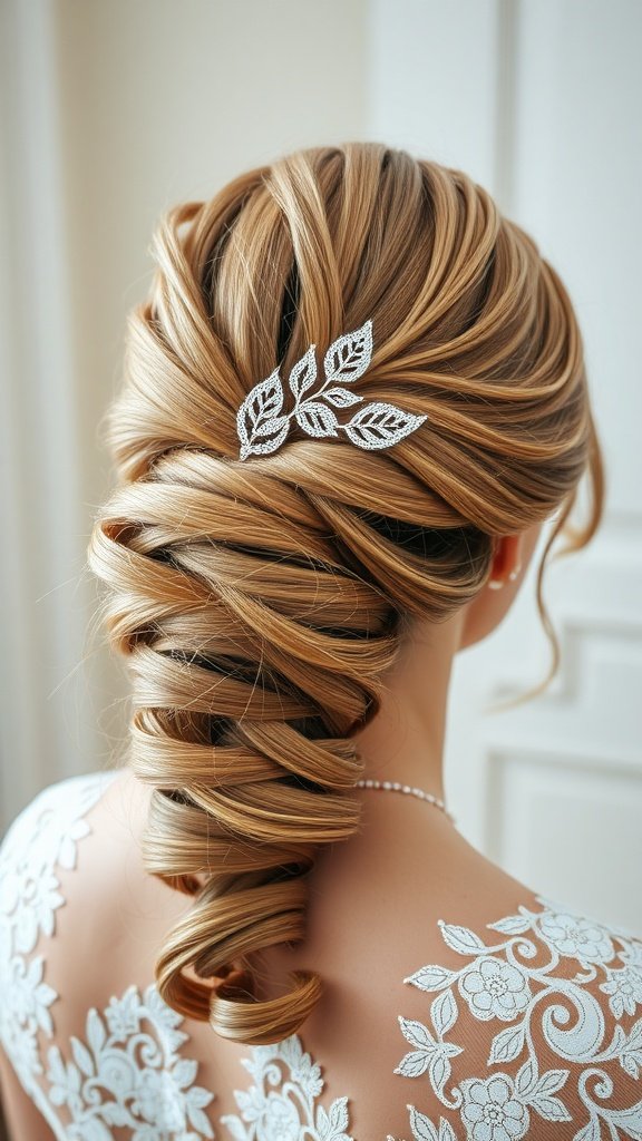 A romantic wedding hairstyle featuring an elegant twist with curls and a sparkling leaf hairpiece, complemented by lace details on the dress.