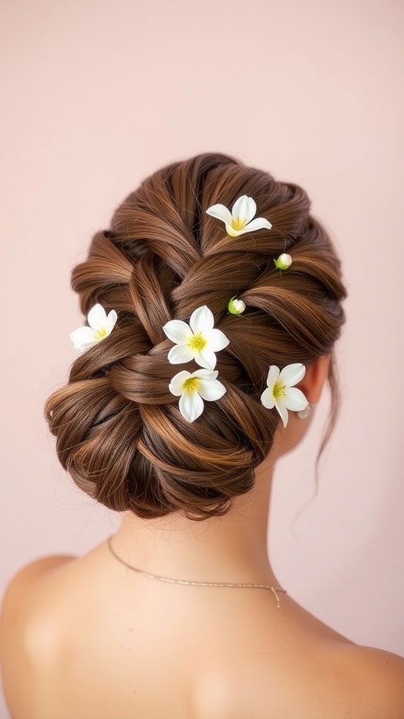 A braided updo hairstyle adorned with white flowers, showcasing a beautiful and elegant look.