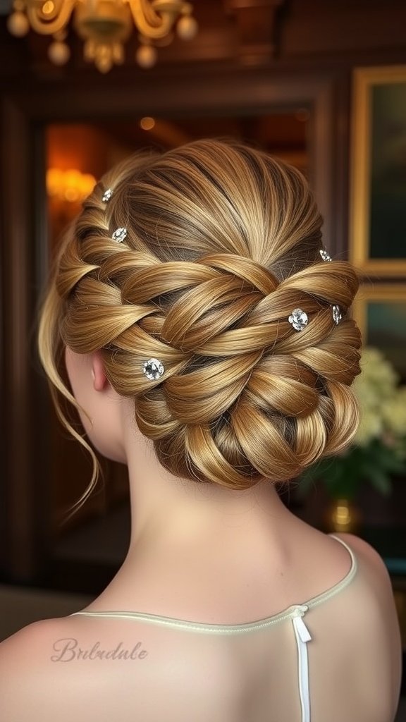 Elegant braided updo hairstyle for bridesmaid with decorative accessories