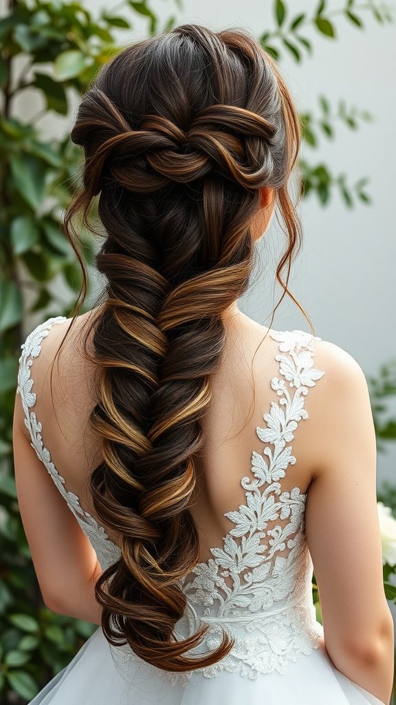 A bride with an elegant waterfall braid and flowing hair, showcasing intricate details and beautiful highlights, paired with a delicate wedding dress.
