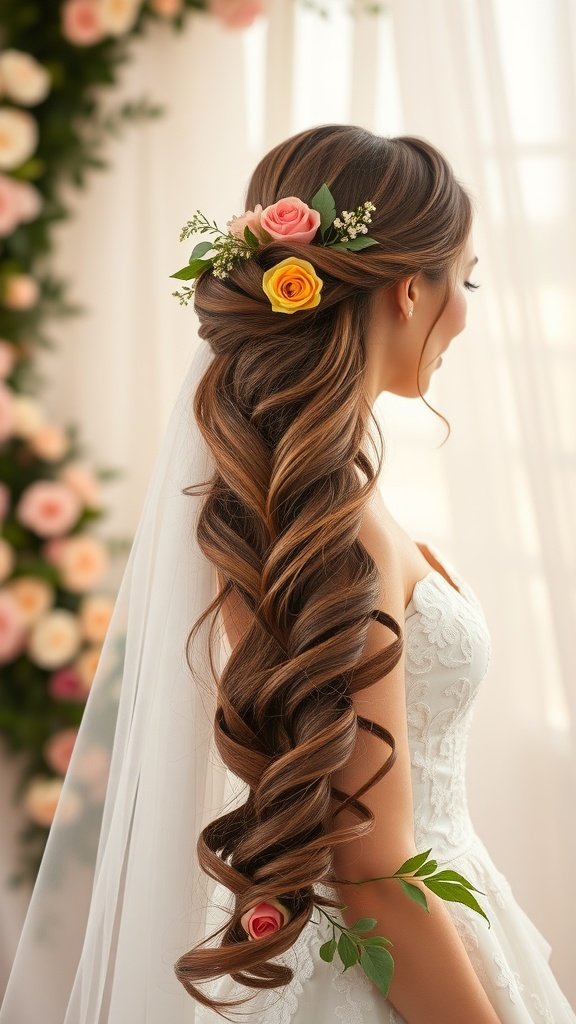 A bride with long, cascading waves adorned with roses and greenery, showcasing a romantic hairstyle.