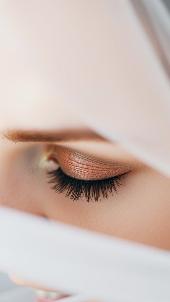 Close-up of a woman's eye with elegant makeup, featuring long lashes and soft eyeshadow.