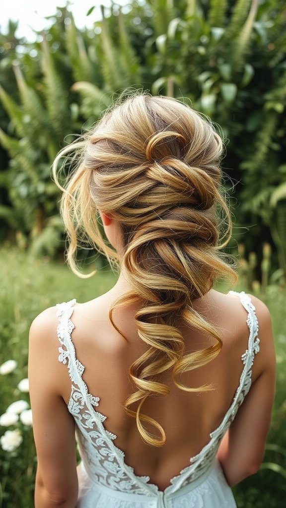 A beautiful braided updo hairstyle for a bridesmaid, showcasing soft curls and intricate twists against a natural background.