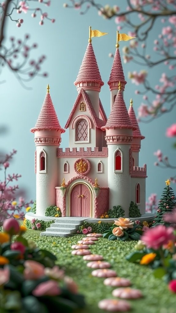 A beautifully crafted fairy tale castle cake with pink towers, golden flags, and a garden of flowers.