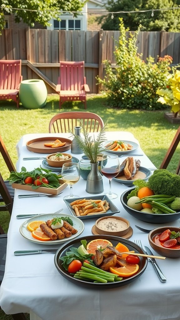 Outdoor dining setup featuring a table with various farm-to-table dishes, surrounded by greenery.