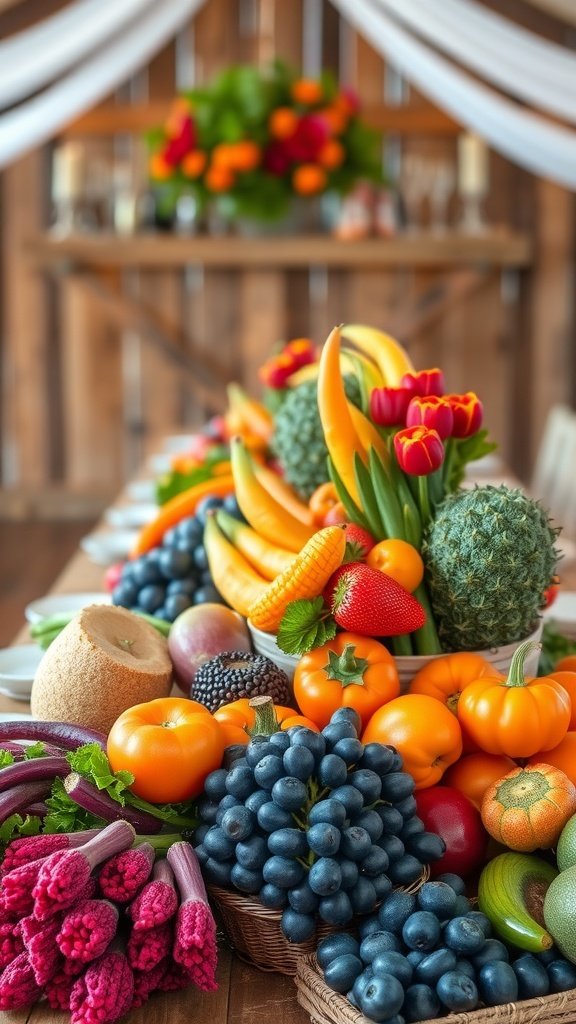 A colorful array of fresh fruits and vegetables beautifully arranged as a wedding centerpiece.