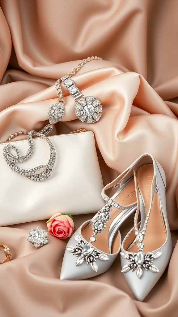Elegant bridal accessories including silver shoes, a clutch, and sparkling jewelry on a soft fabric background.