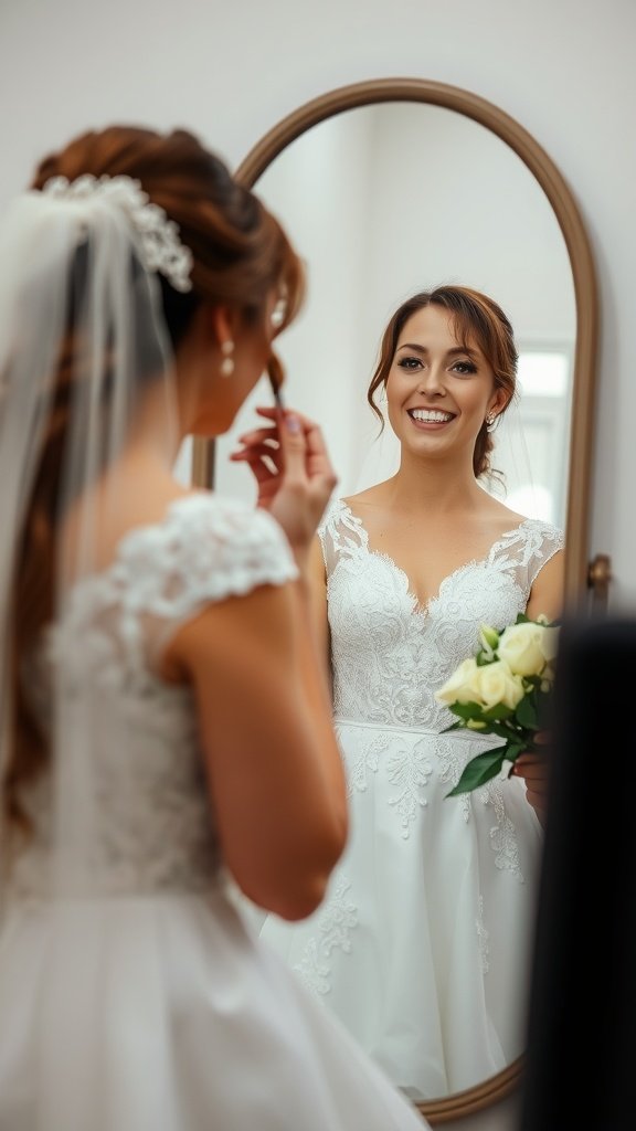 A bride applying her makeup in front of a mirror, smiling and holding a bouquet of roses.