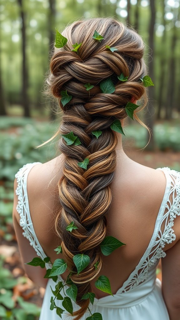 A fishtail braid adorned with ivy leaves, showcasing a romantic hairstyle for weddings.