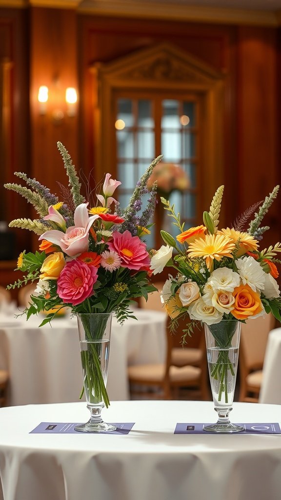 Two floral arrangements in elegant glass vases on a table, featuring a mix of colorful flowers.