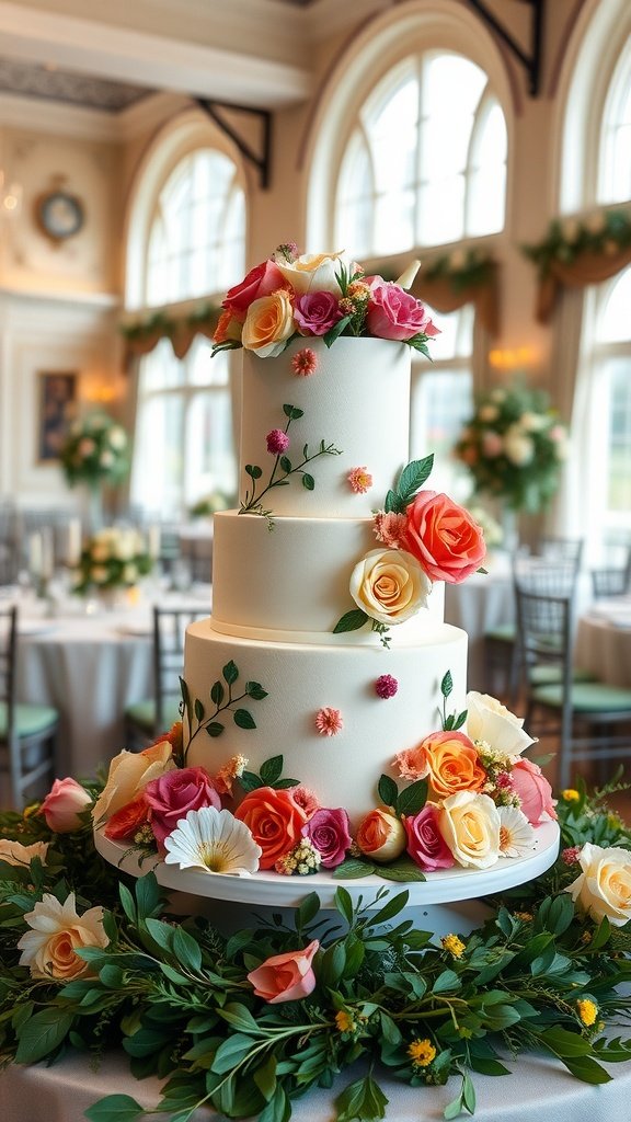 A modern wedding cake decorated with colorful roses and greenery, placed in an elegant venue.