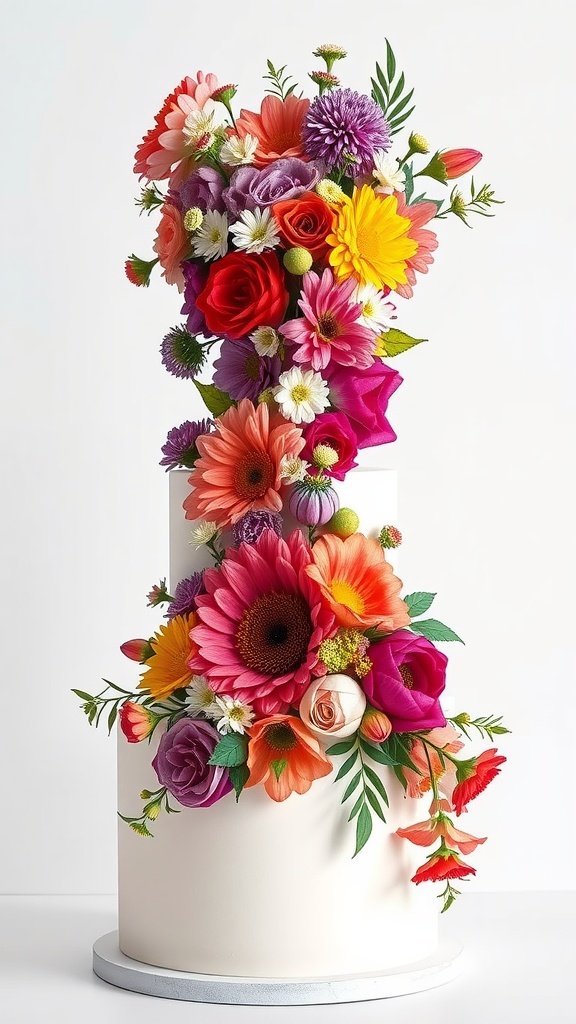 A modern wedding cake topped with a vibrant floral cascade arrangement featuring orange, pink, and purple flowers.