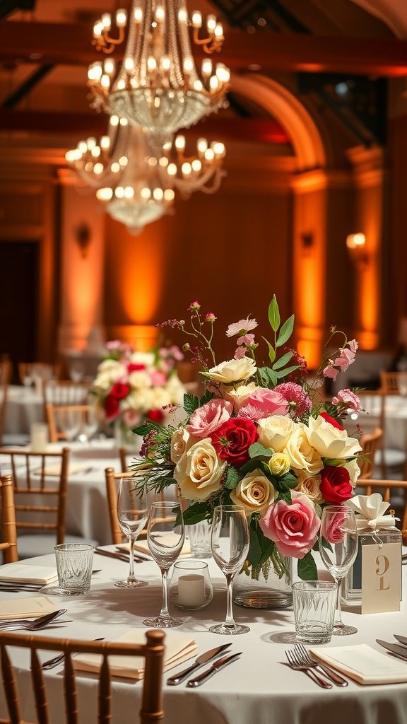 Beautiful floral centerpiece on a wedding reception table with roses and a chandelier in the background