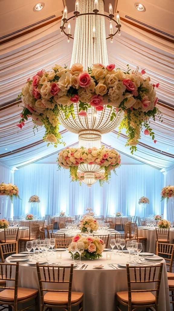 Floral chandeliers above elegantly set wedding tables with flowers and glassware.