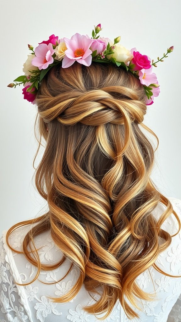 Half up half down hairstyle with a floral crown featuring pink and white flowers