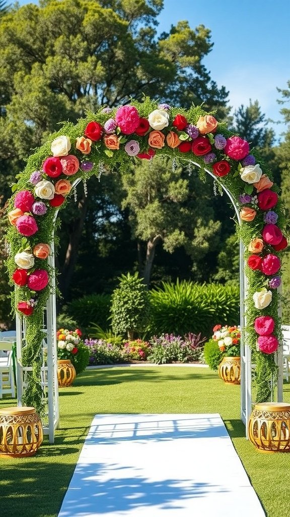 A beautifully decorated wedding arch with vibrant flowers, set in a green garden, leading to a white aisle.