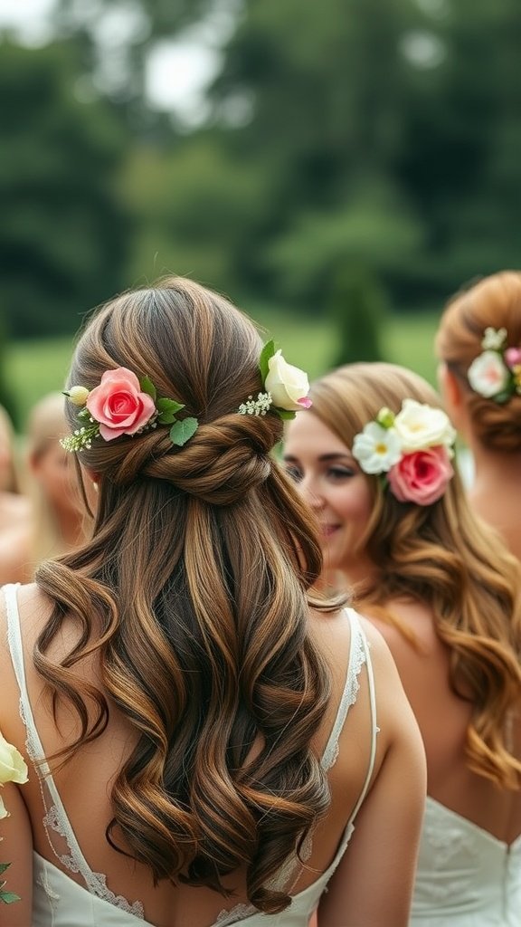 Bridesmaids with floral hair accessories and styled hair in a wedding setting