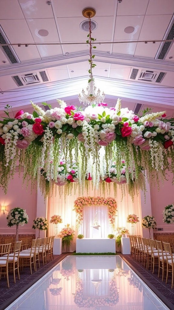 A beautiful floral installation hanging from the ceiling of a wedding venue, with pink and white flowers, creating an elegant and inviting atmosphere.