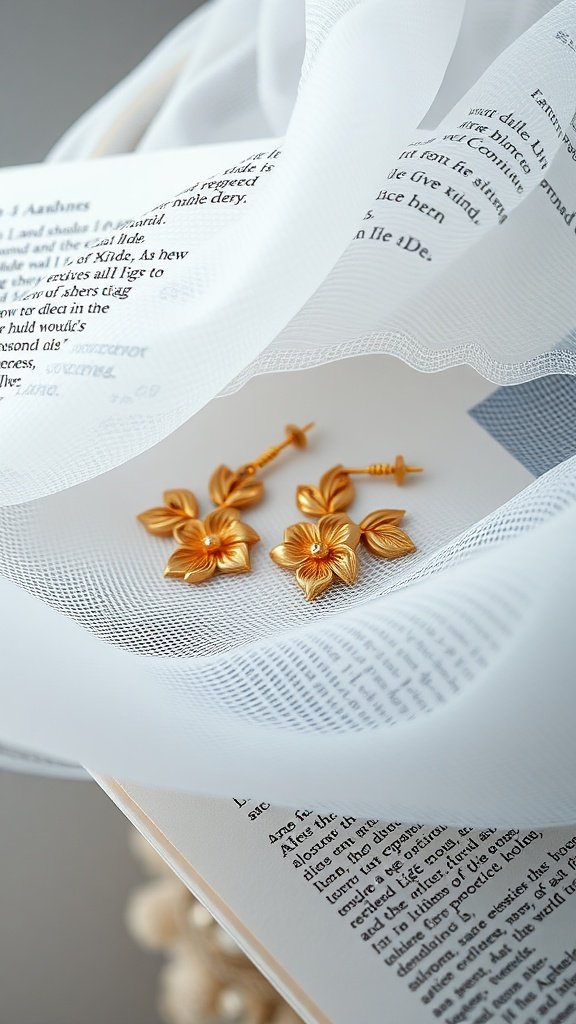 A pair of floral motif gold earrings displayed on a textured surface, partially covered by soft fabric