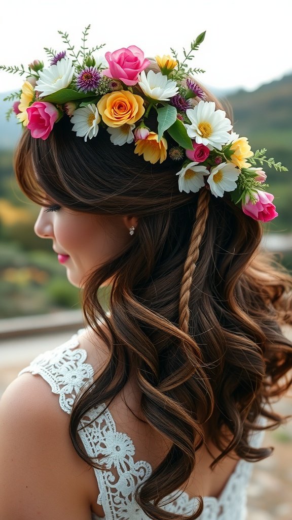 A bride wearing a colorful flower crown made of roses and daisies.