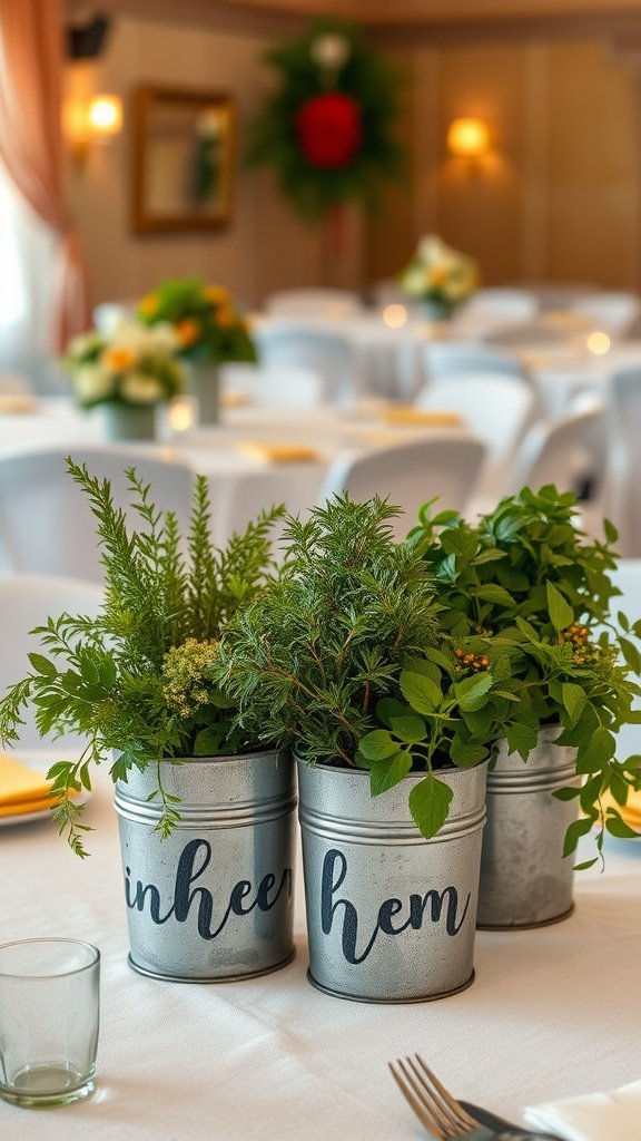 Rustic wedding centerpieces featuring galvanized buckets filled with fresh herbs on a table.