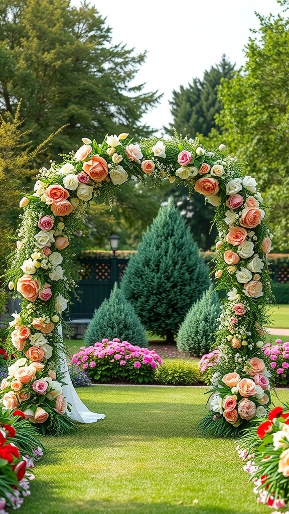 A floral wedding arch surrounded by greenery and colorful flowers in a garden.