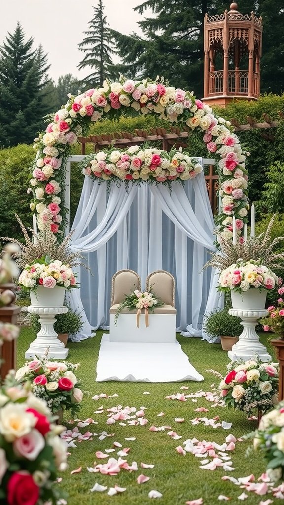 A beautiful garden wedding setup with an arch of flowers and two chairs.