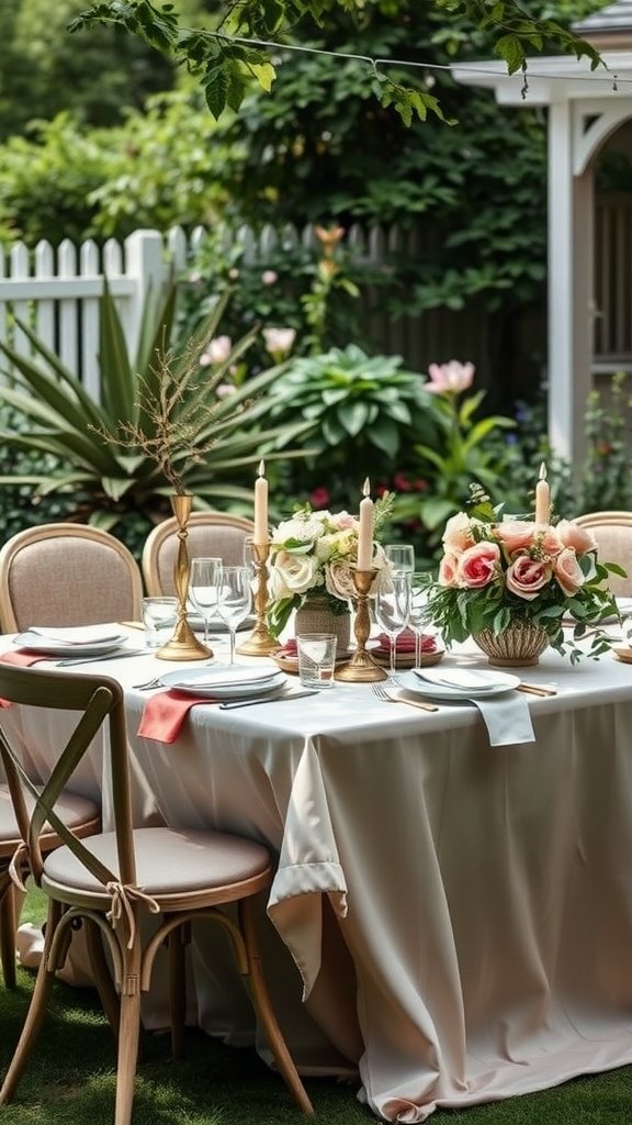 A beautifully arranged garden party bridal shower table with floral centerpieces, candles, and elegant glassware.