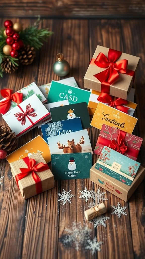 An assortment of gift cards and wrapped gifts with festive decorations on a wooden surface