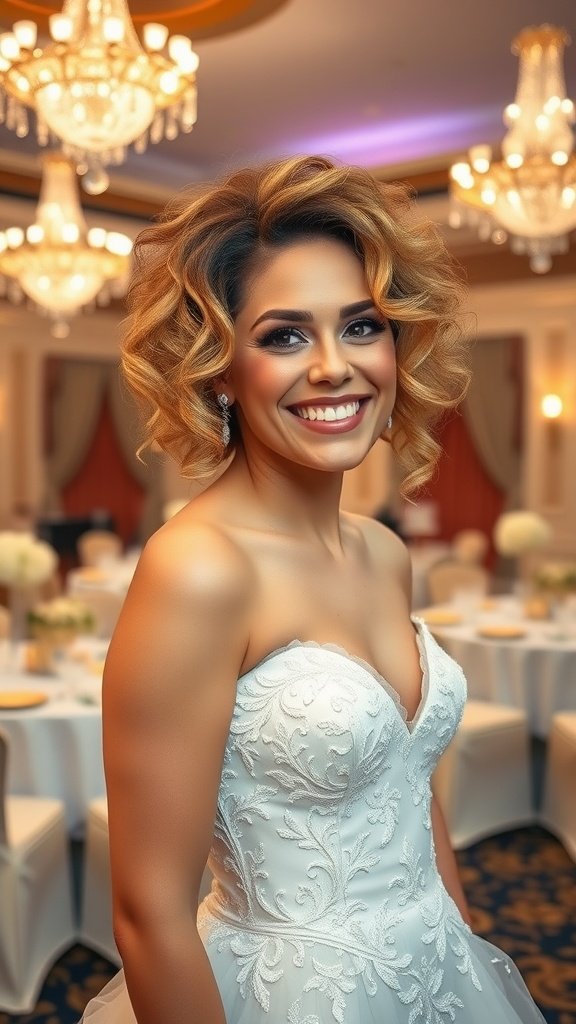 A smiling bride with big bouncy curls in a beautiful wedding dress, surrounded by an elegant indoor setting.