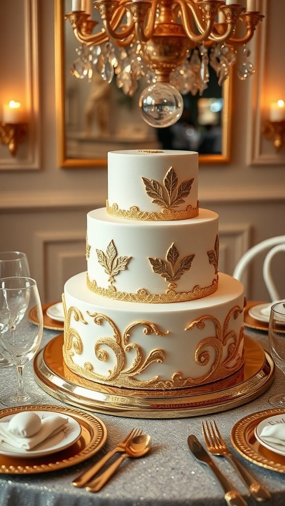 A three-tier wedding cake with gold leaf accents, elegantly displayed on a table with gold cutlery and a chandelier above