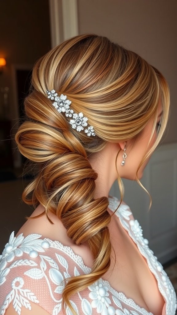 A half up chignon hairstyle featuring elegant curls and a sparkling hairpiece.
