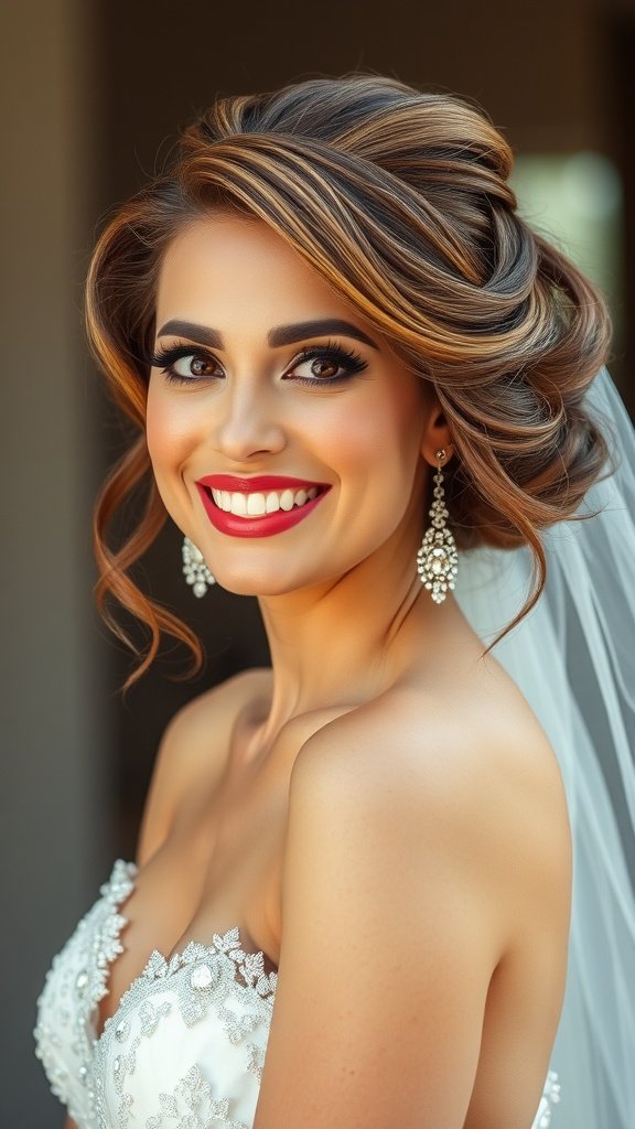 Bride with glamorous Hollywood waves hairstyle, wearing a stunning gown and elegant earrings.